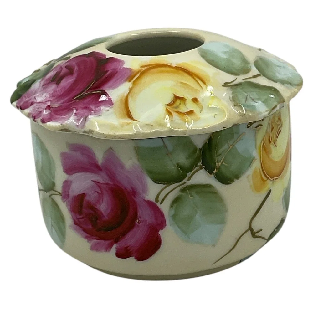 Vintage Vienna Hand Painted‎ Hair Receiver Porcelain Pale Yellow Base Pink Roses